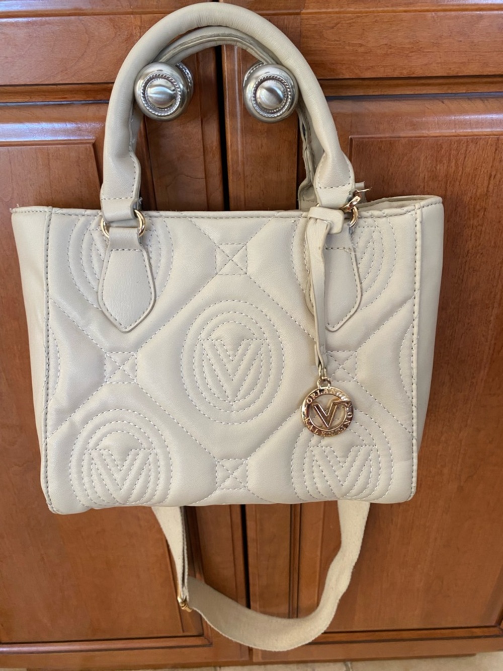 Valentino Orlandi Cream Quilted Satchel with Gold Charm Pendant